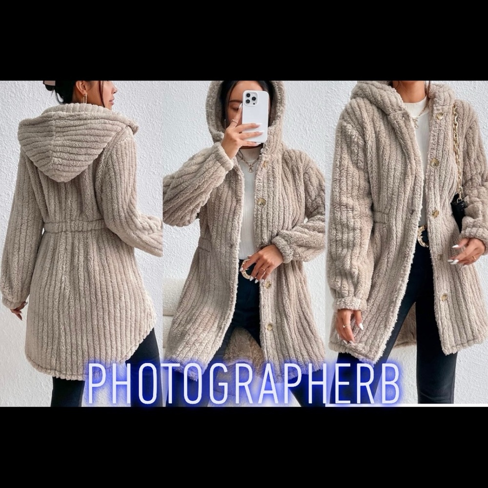 Cozy teddy Button Front Hooded Coat Jackets color Khaki - Picture 2 of 8